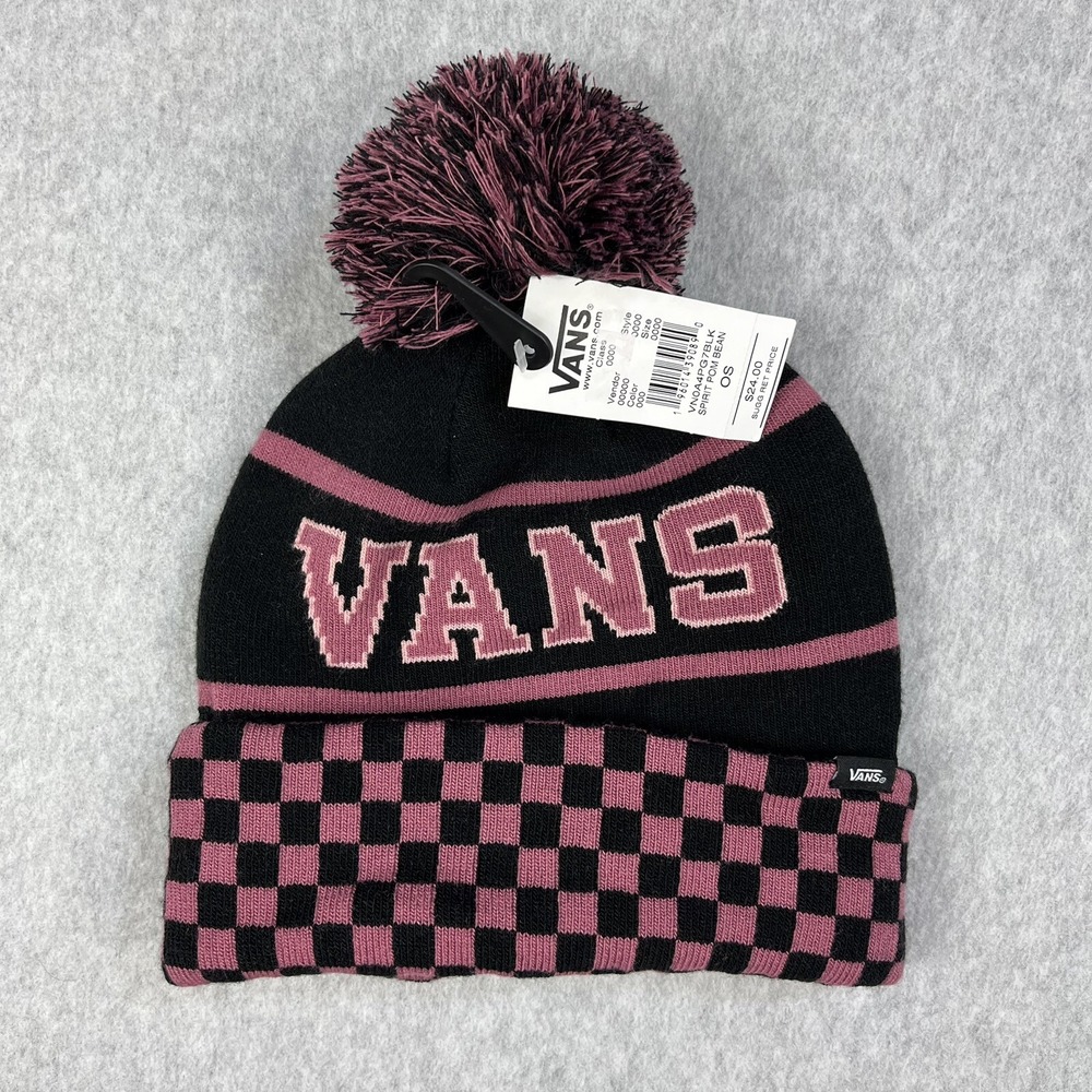 Vans Off The Wall Beanie Hat Pink Black Pom Pom Skater Check VN0A4PG7BLK